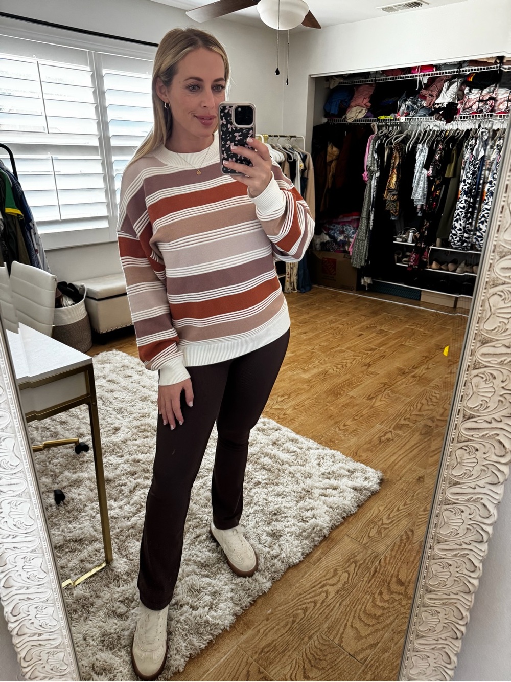 Striped Crewneck Sweater in Rust, Mauve & White